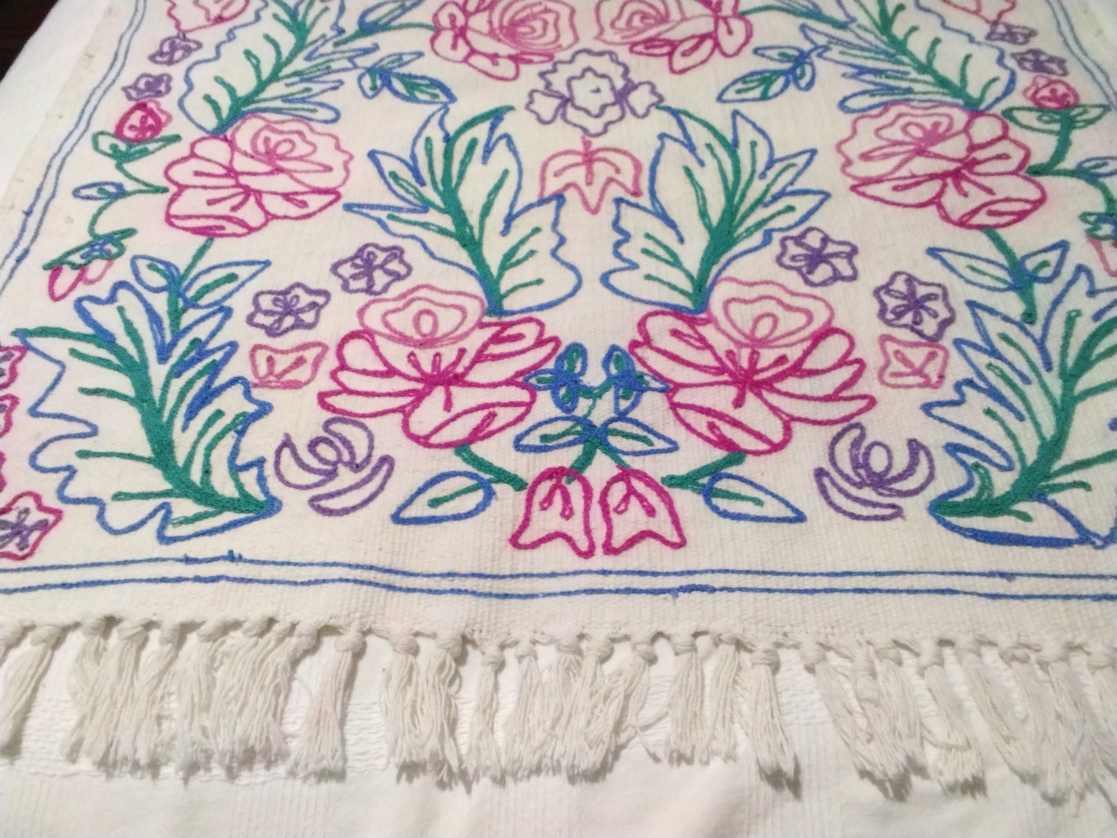 Park B. Smith Embroidered Floral Design Rug, Fringe Ends Pink Green Blue 30″X48″