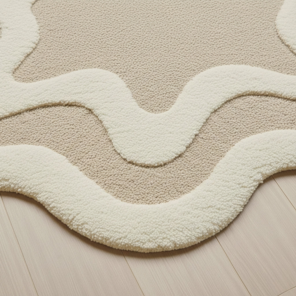Hand Tufted Wool Wavy Rug: Sculpted High-Low Pile, Cream & Beige