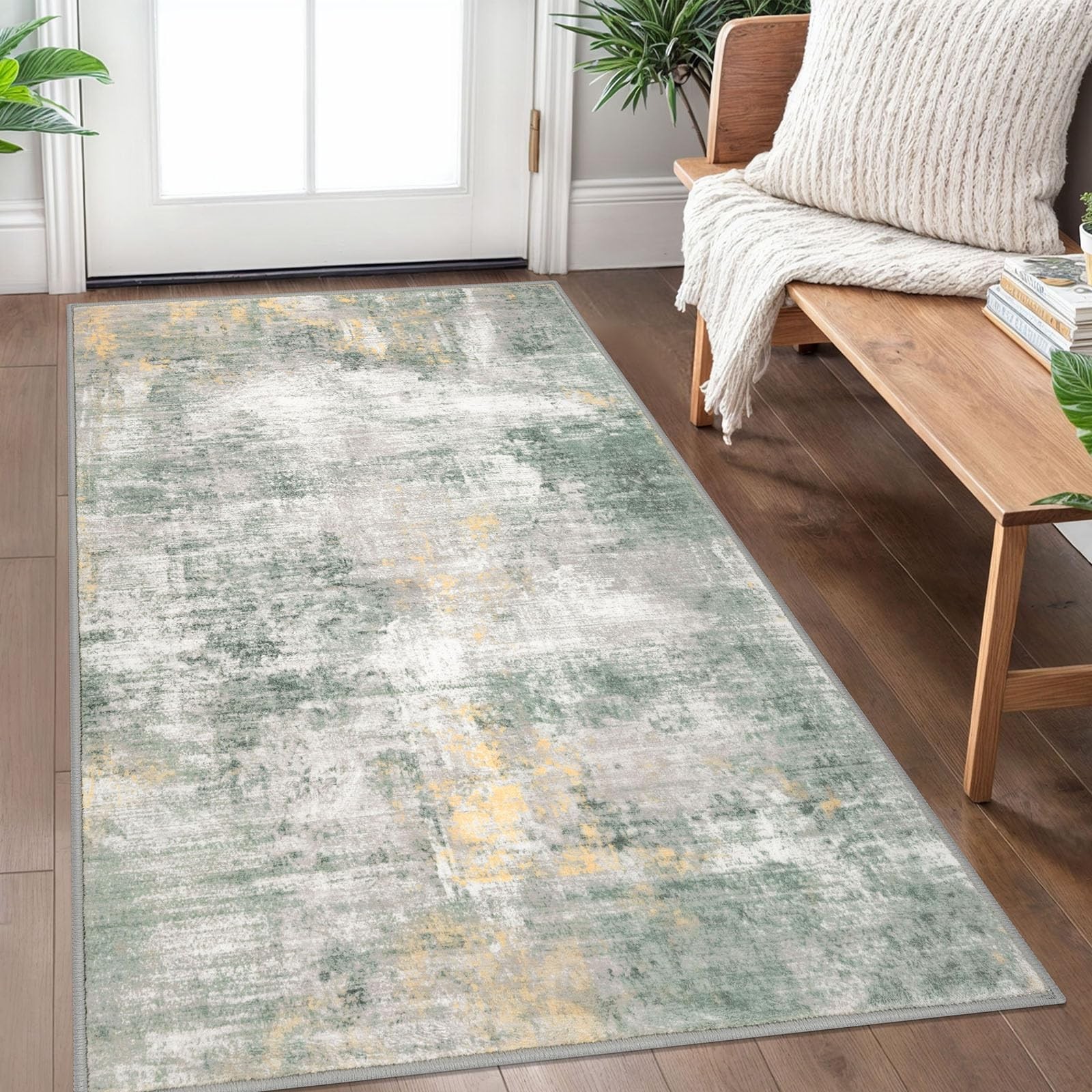 3×5 Ft Abstract Area Rug Washable Light Green/Gray/Orange Non Slip Floor Mat