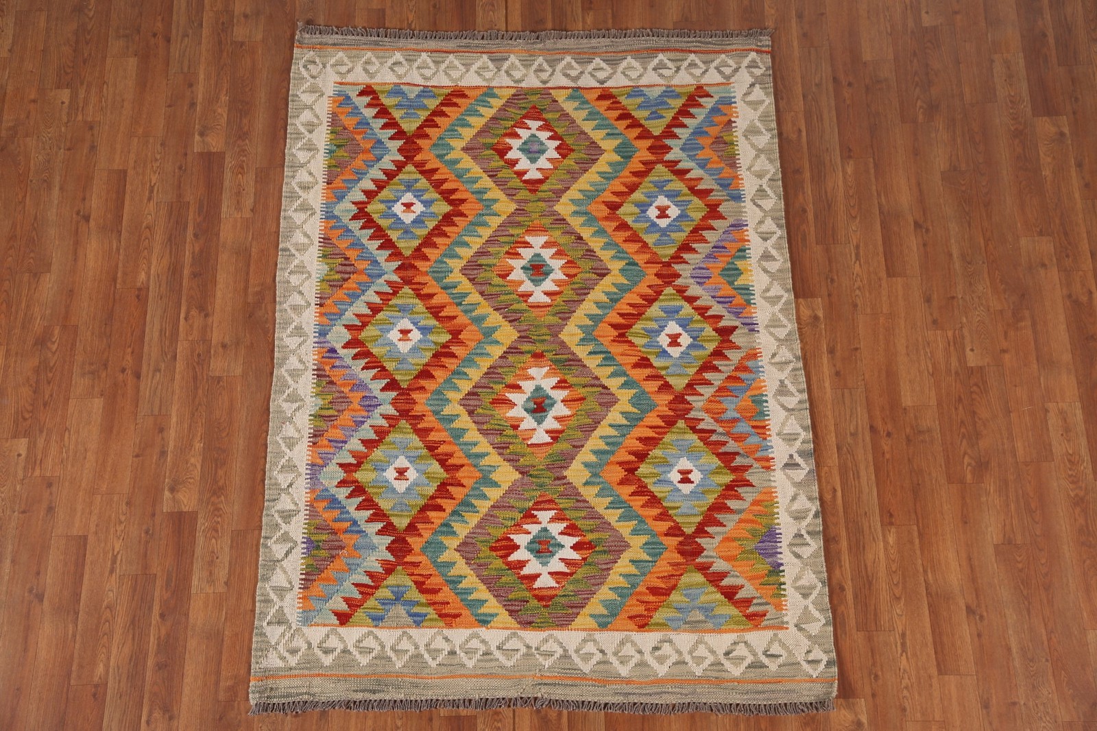 Geometric Wool Kilim Oriental Rug 4×6 South-western Flat-Weave Reversible Carpet