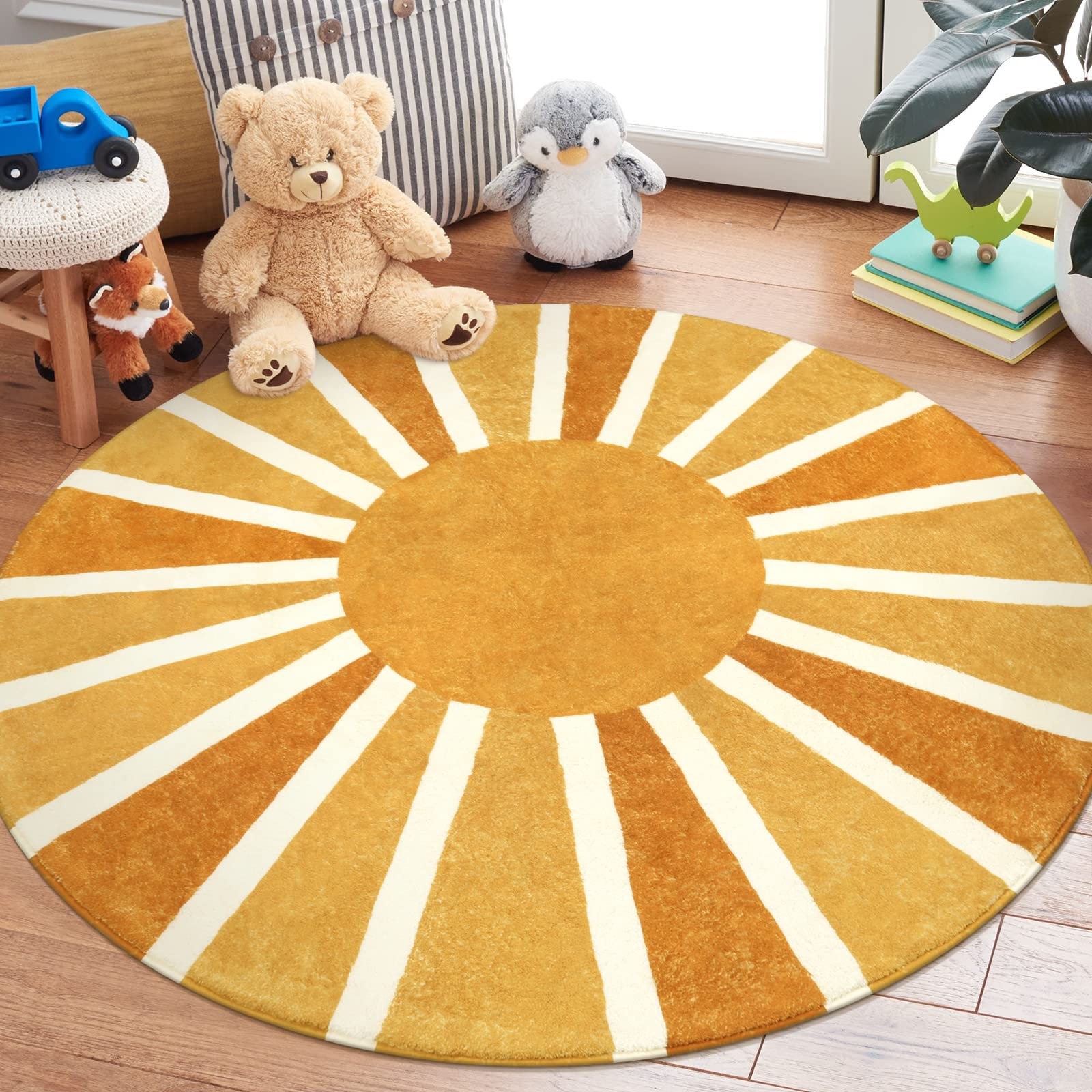 Boho Round Rugs 4Ft Washable Non-Slip Area Rug for Kids Nursery & Living Room