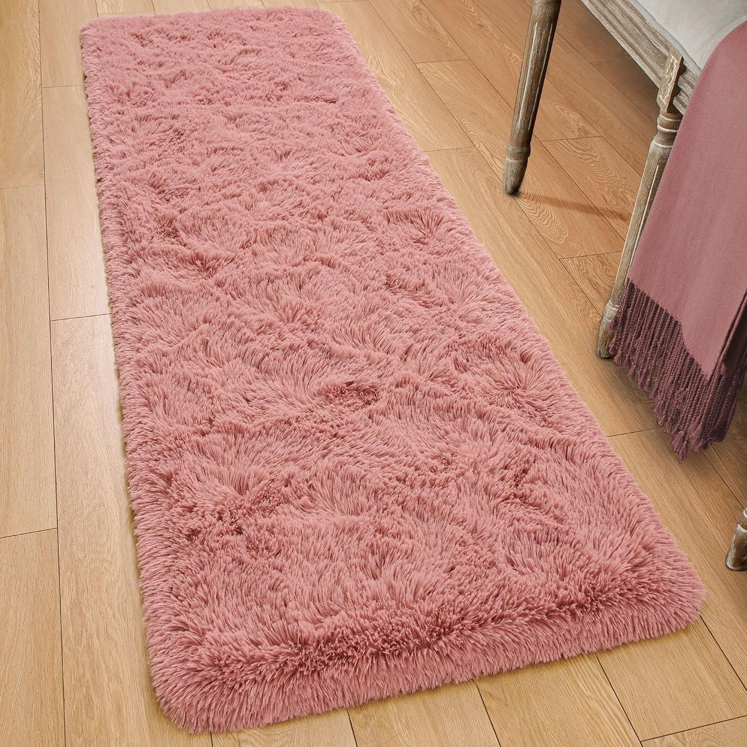 Tepook Soft Runner Rugs for Bedroom 2×6 ft with Rubber Backing, Blush Fluffy Rug