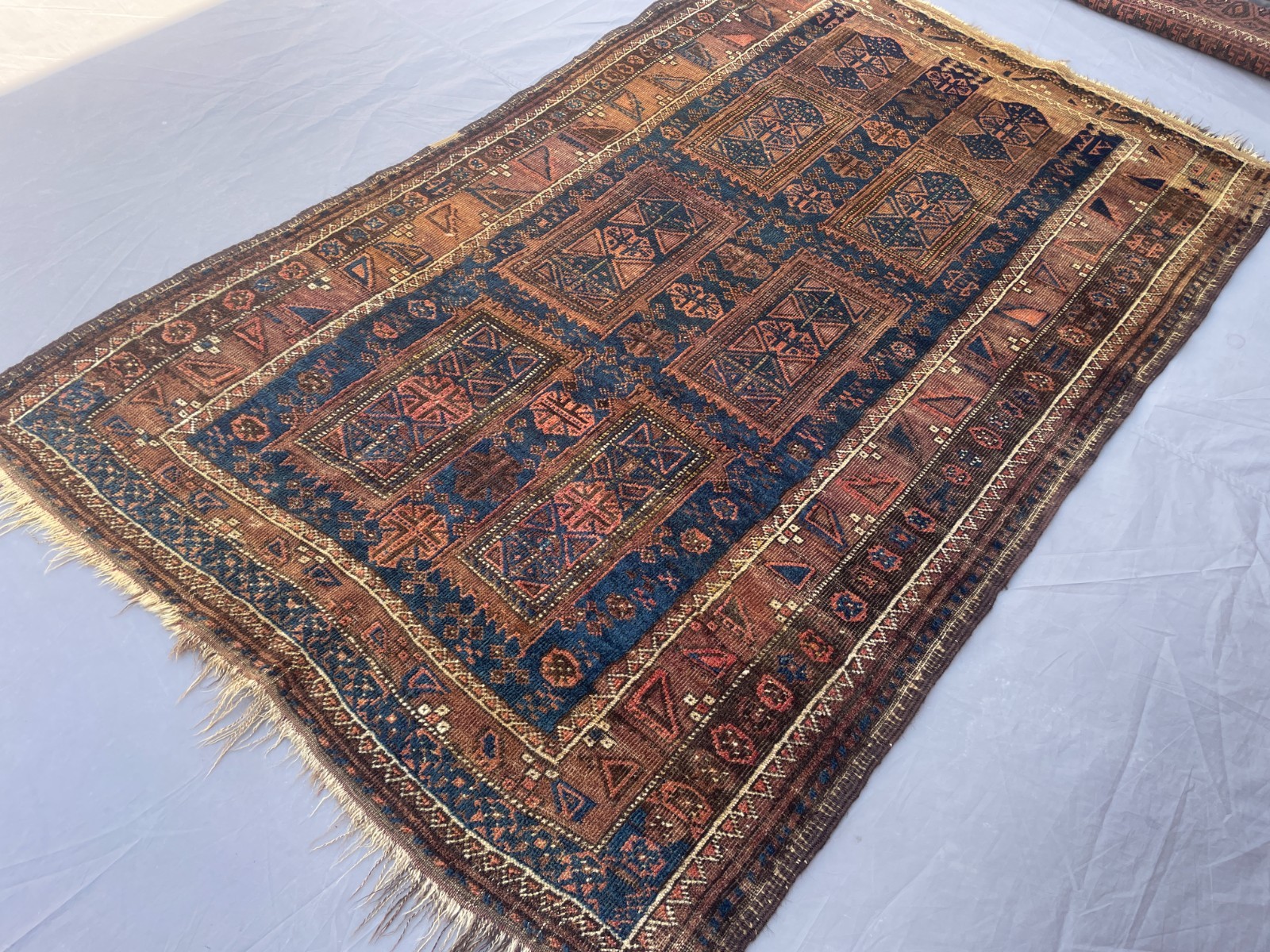 3×6 Vintage Low Pile Afghan Baluchi Wool Rug with Geometric Tribal Panel Design