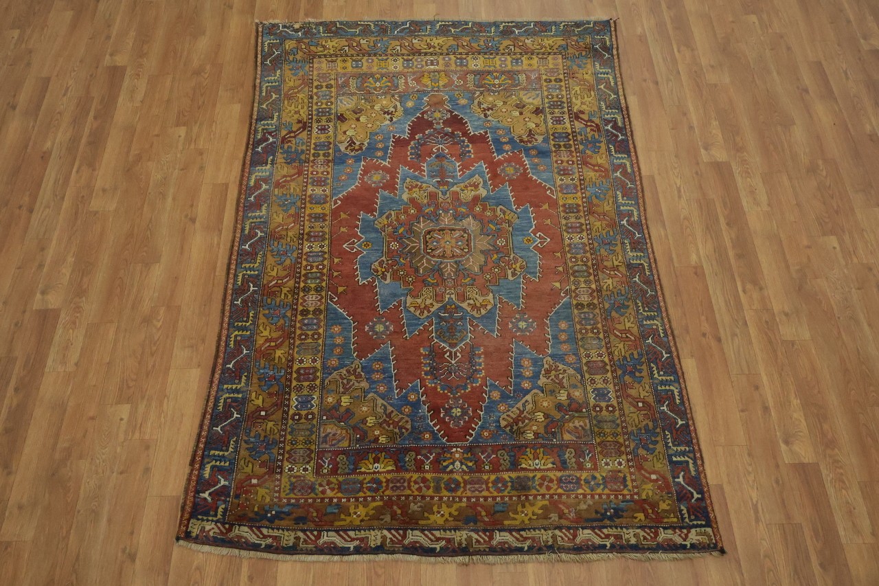 Vintage 4×6 Geometric Traditional Oriental Wool Area Rug in Red, Blue & Yellow