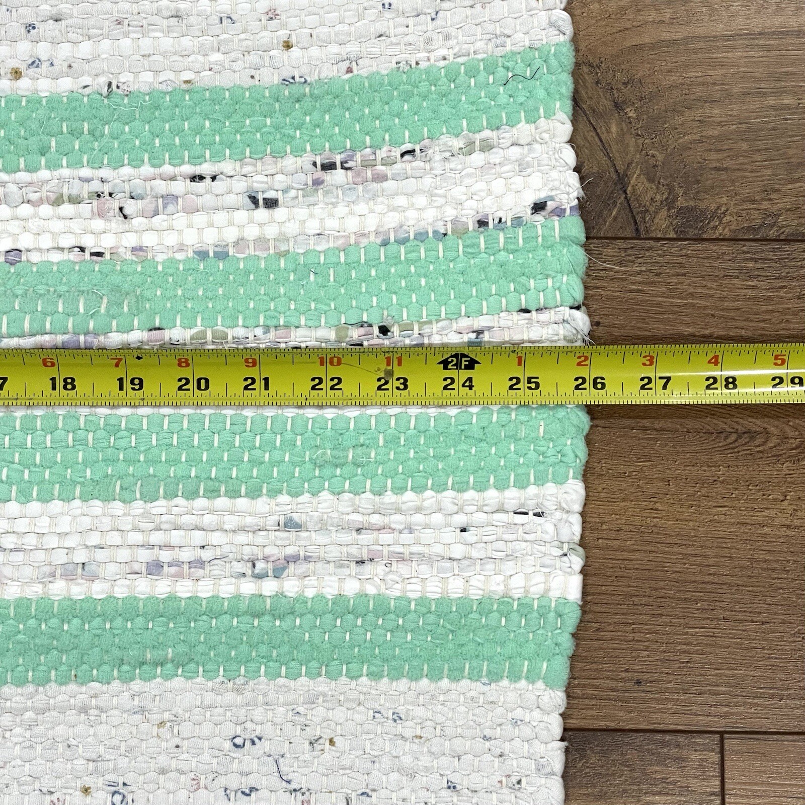 NEW Handmade Woven Rag Rug 20×26 Fringe Tassel Throw Cotton Striped Green Ivory