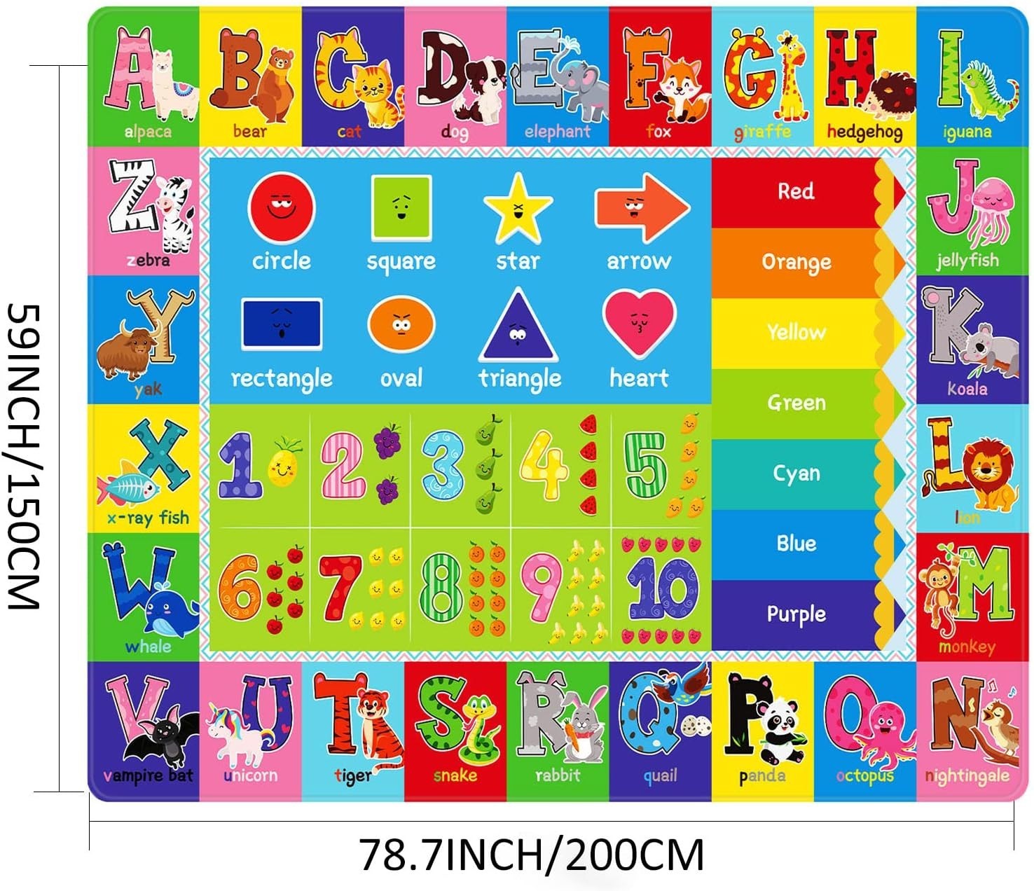 Non-Slip Cartoon Kids Rug – 5′ x 6’7″ Educational Play Mat with Colors & Numbers