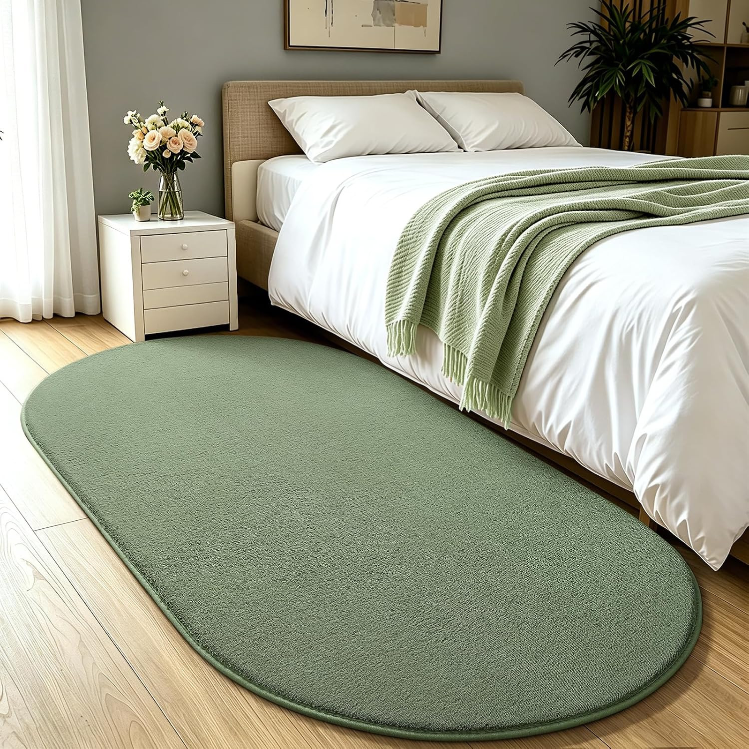 Soft Oval Bedroom Rug 2.6 X 5.3, Sage Green Non-Slip Washable Carpet | Thickened