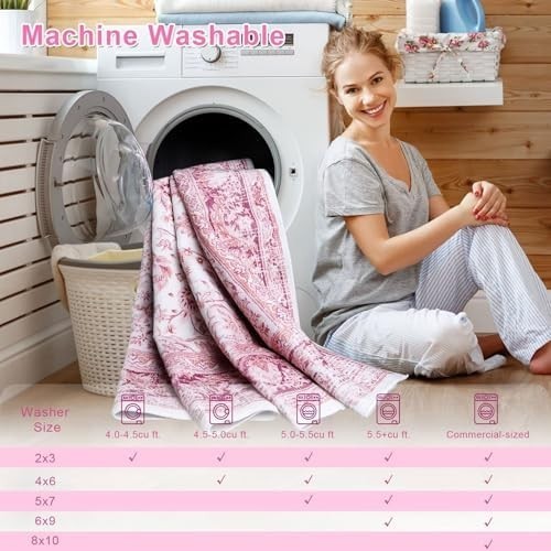 5X7 Bright Pink Area Rug for Living Room, Machine Washable Rugs with Non-Slip Ba