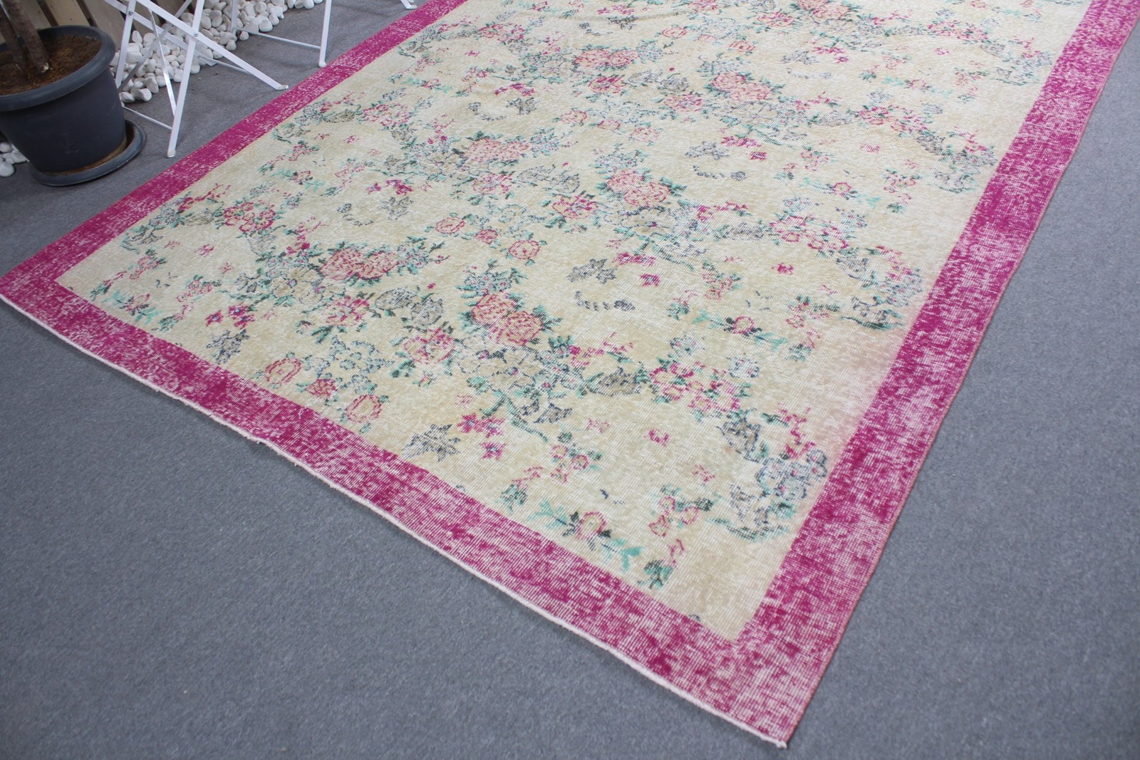 Turkish Vintage Rug, 6,9×9,7 ft Rug, Pink White Oriental Rug