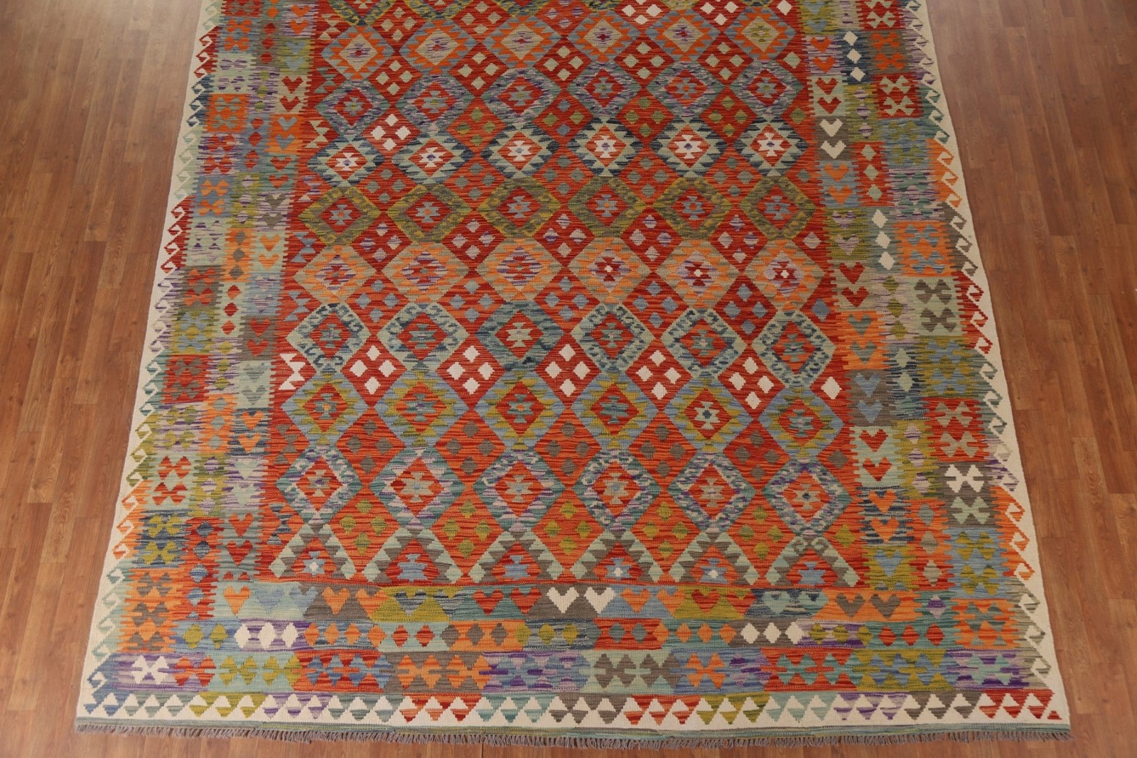 Reversible Wool Kilim Area Rug 10×13 Rust South-western Flat-weave Nomad Carpet