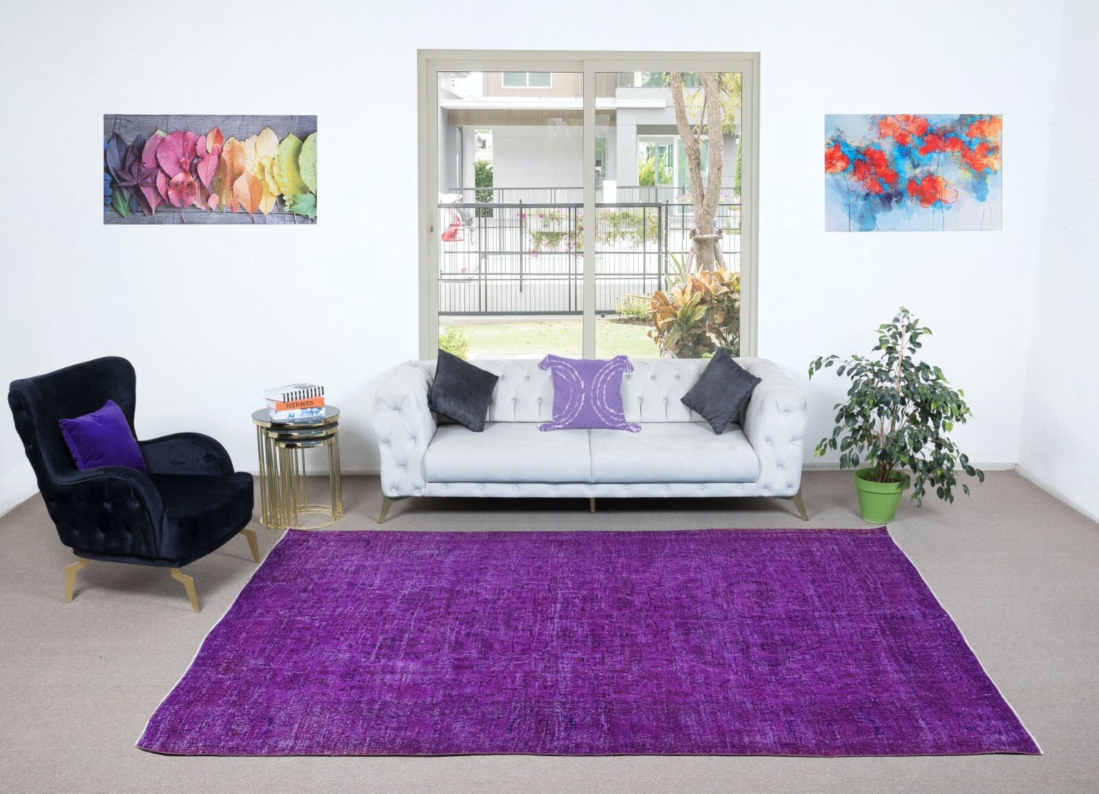 7×10.2 Ft Unique Handknotted Modern Large Rug in Purple. Turkish Bohem Carpet