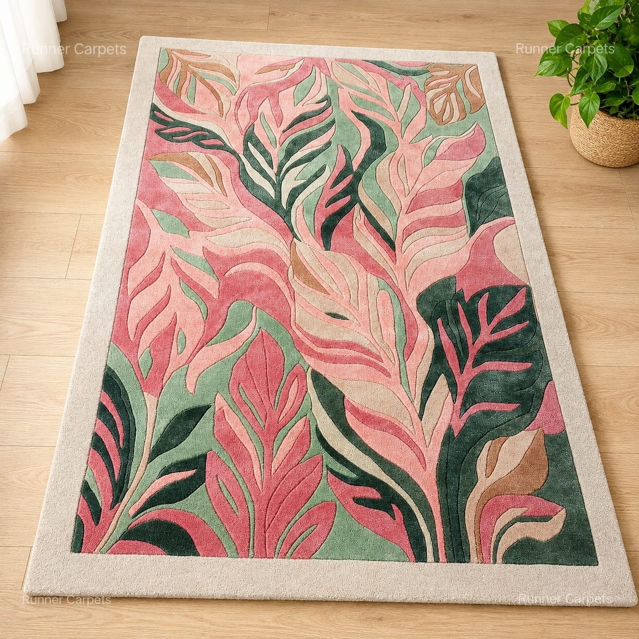 Botanical Tropical Leaf Area Rug Pink Green Modern Contemporary Floral Carpet