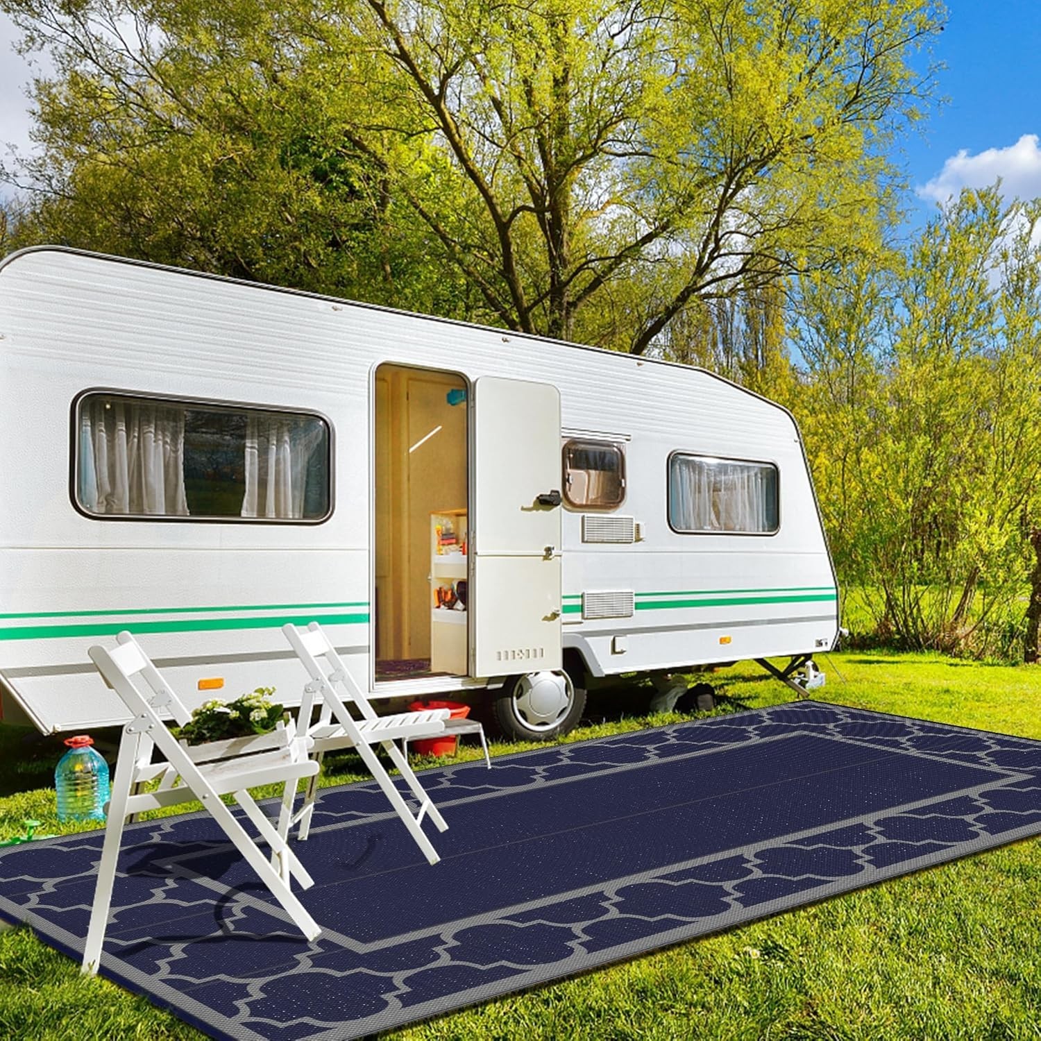 Our 9′ x 18′ Outdoor Rug: Foldable, Reversible in Blue & Grey for Every Occasion