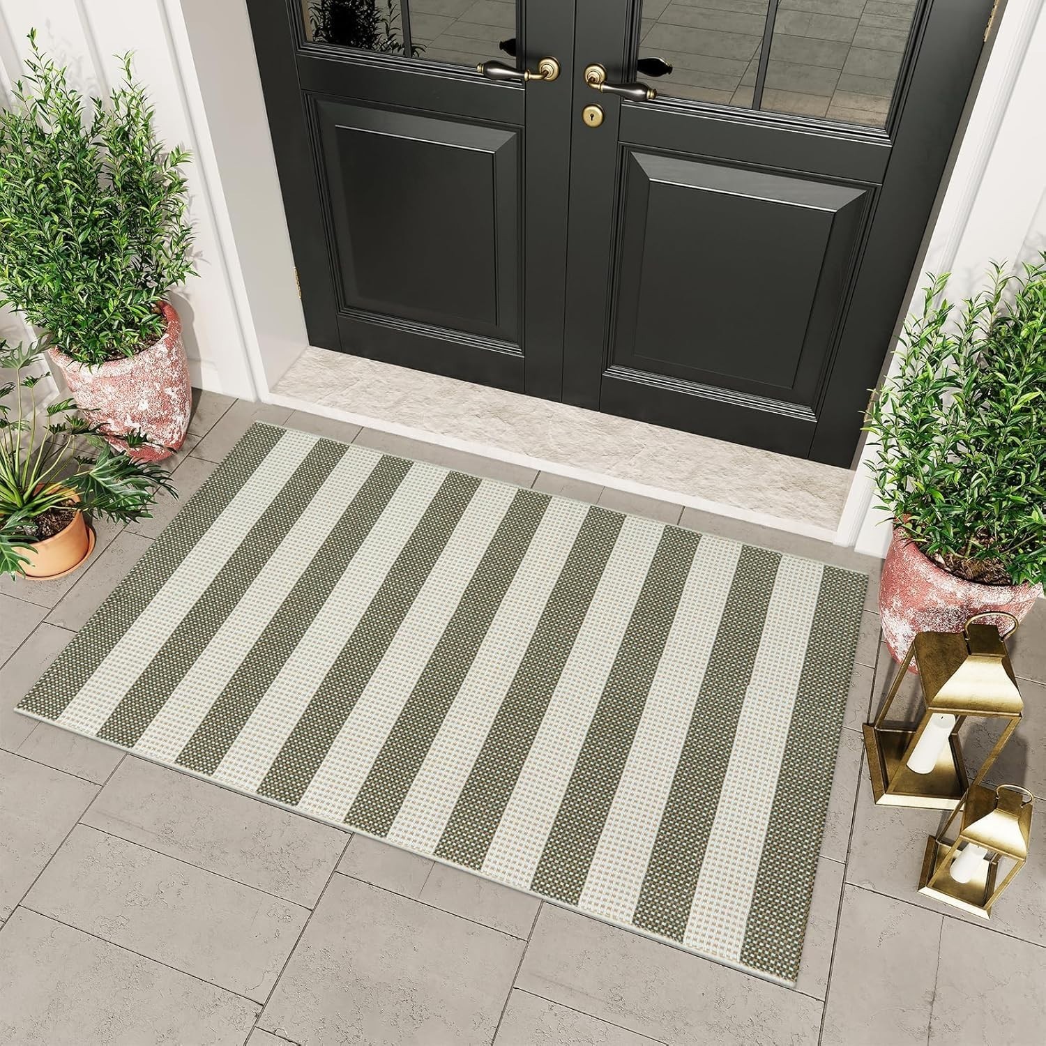 Outdoor 3×5 Washable Entryway Rug Green and White Woven Checkered Small Area Rug