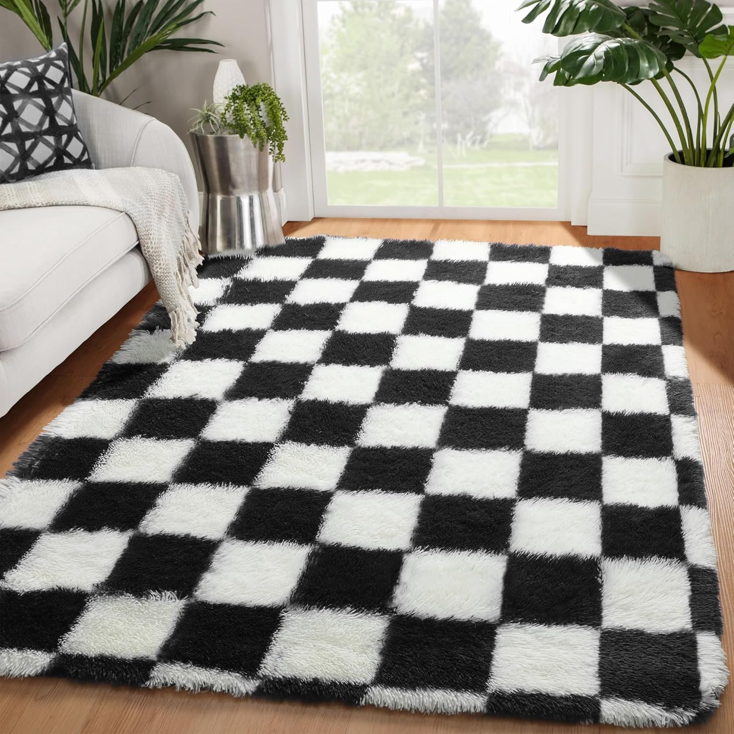 KICMOR Area Rugs for Bedroom Living Room, 4X6 Black and White Fluffy Soft Checke