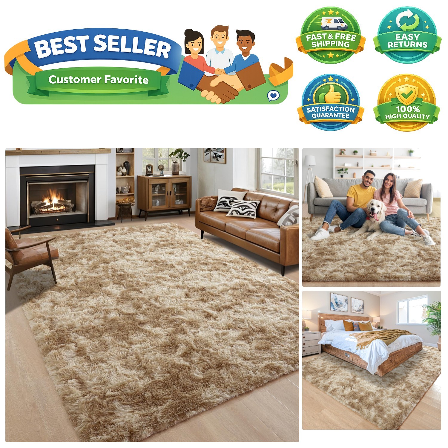 Large Fluffy 8×10 Area Rugs for Living Room Bedroom,Tie-Dyed Beige Thick Shag…