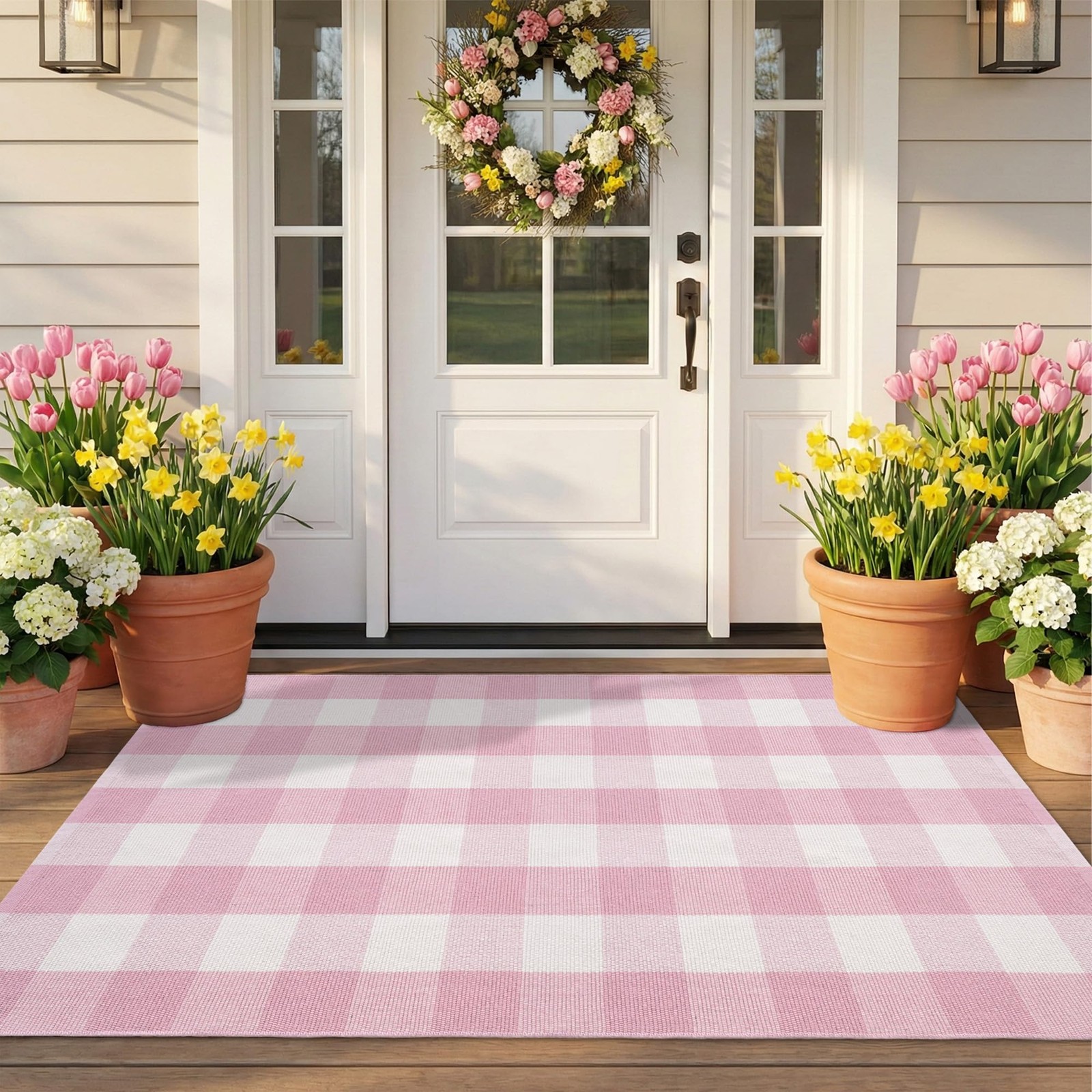 Spring Pink White Plaid Rug 3×5 Feet Cotton Blend Layered HandWoven Doormat