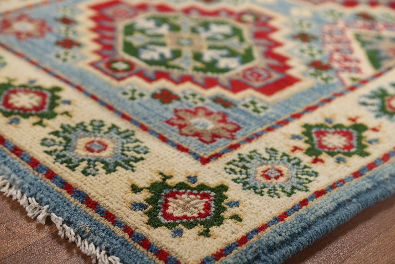 Light Blue Kazak Accent Rug 2×3 Ft Hand-Knotted Oriental Wool Carpet Geometric