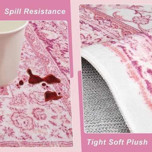 5X7 Bright Pink Area Rug for Living Room, Machine Washable Rugs with Non-Slip Ba