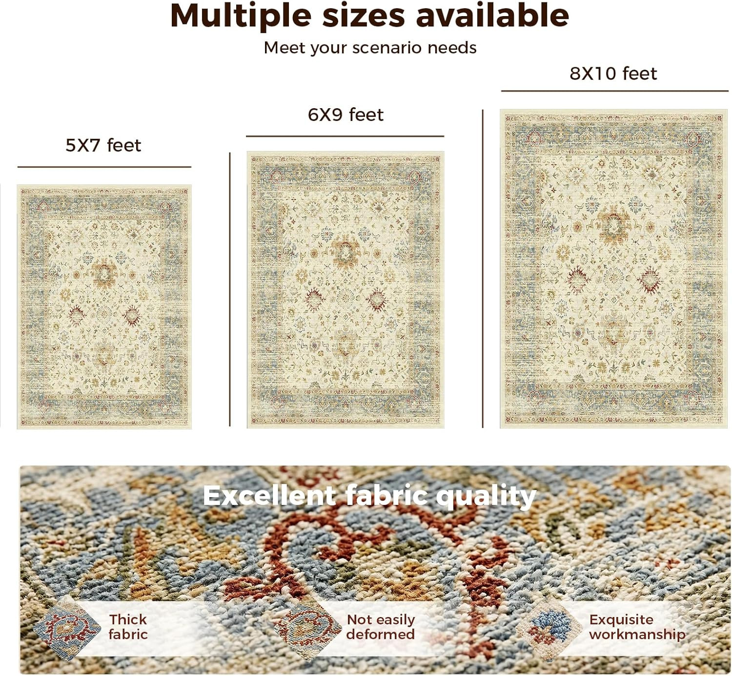 8X10 Feet Washable Vintage Bohemian Floral Area Rug – Non-Slip Foldable Floor Ma
