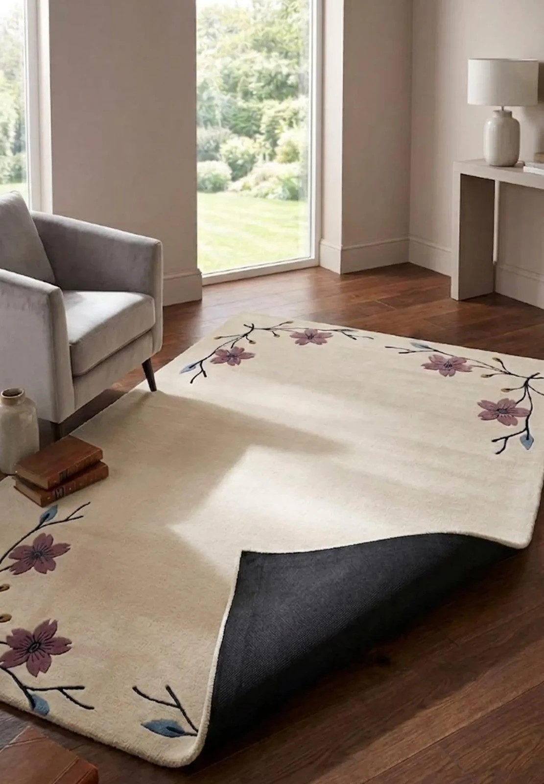Hand Tufted Wool Rug, Floral Border Area Rug, Cream and Pink Flower Carpet, 8×10