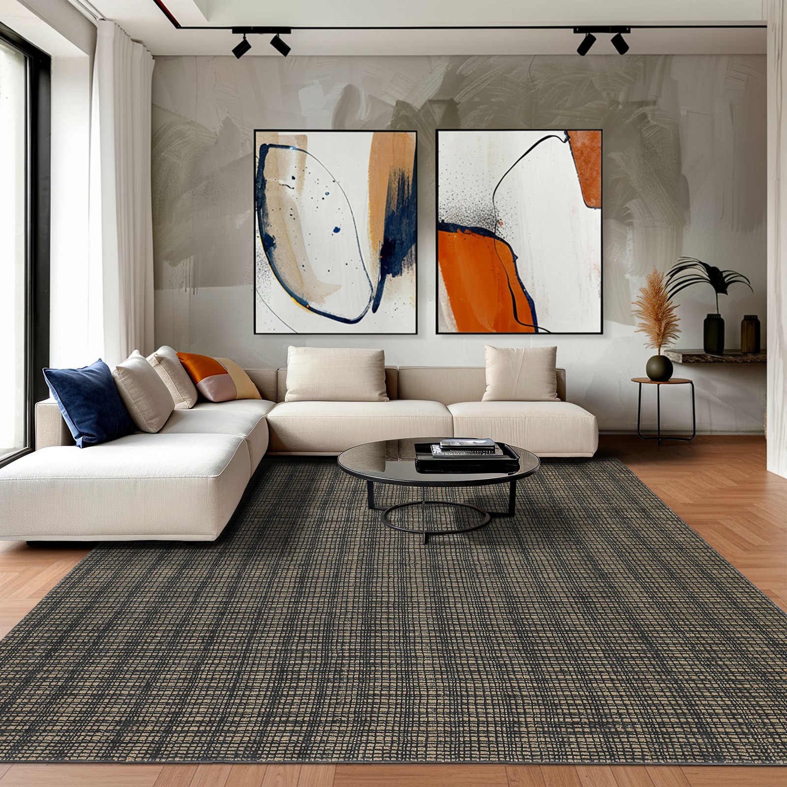 8×10 Hand Loomed Wool & Jute Tan Black Modern Textured/Grid Loop N Cut Pile Rug