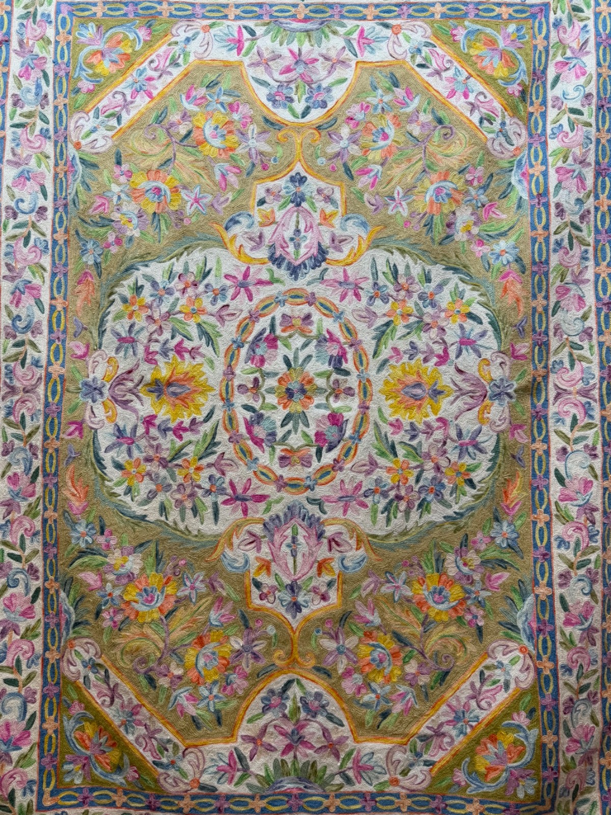Vintage Fabulous Hand Wool Embroidered Kashmiri Chain Stitch Rug 171×117 Cm