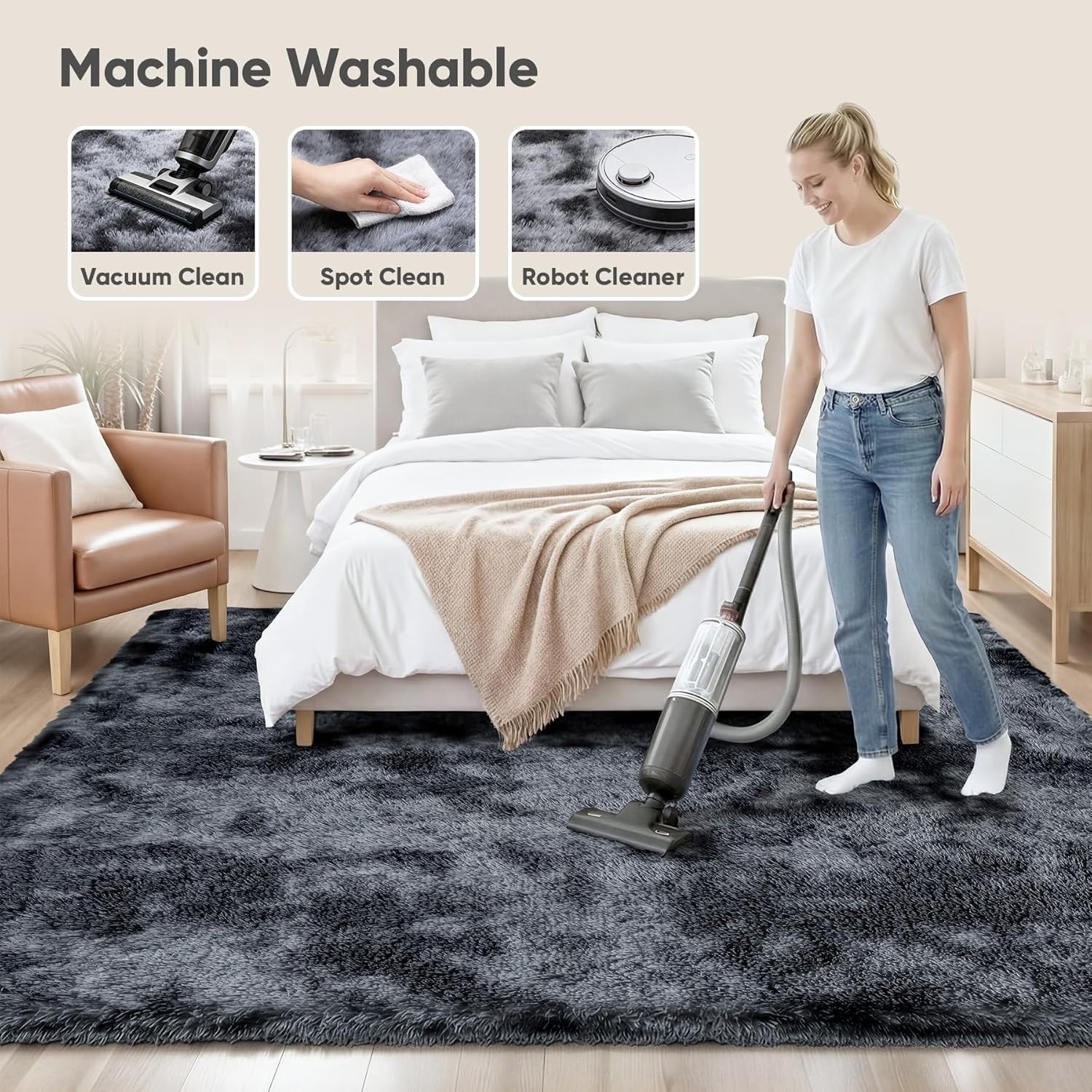 Area Rug Soft Fuzzy Shag Carpet Living Room Bedroom Tie-Dyed Black & Gray 8×10