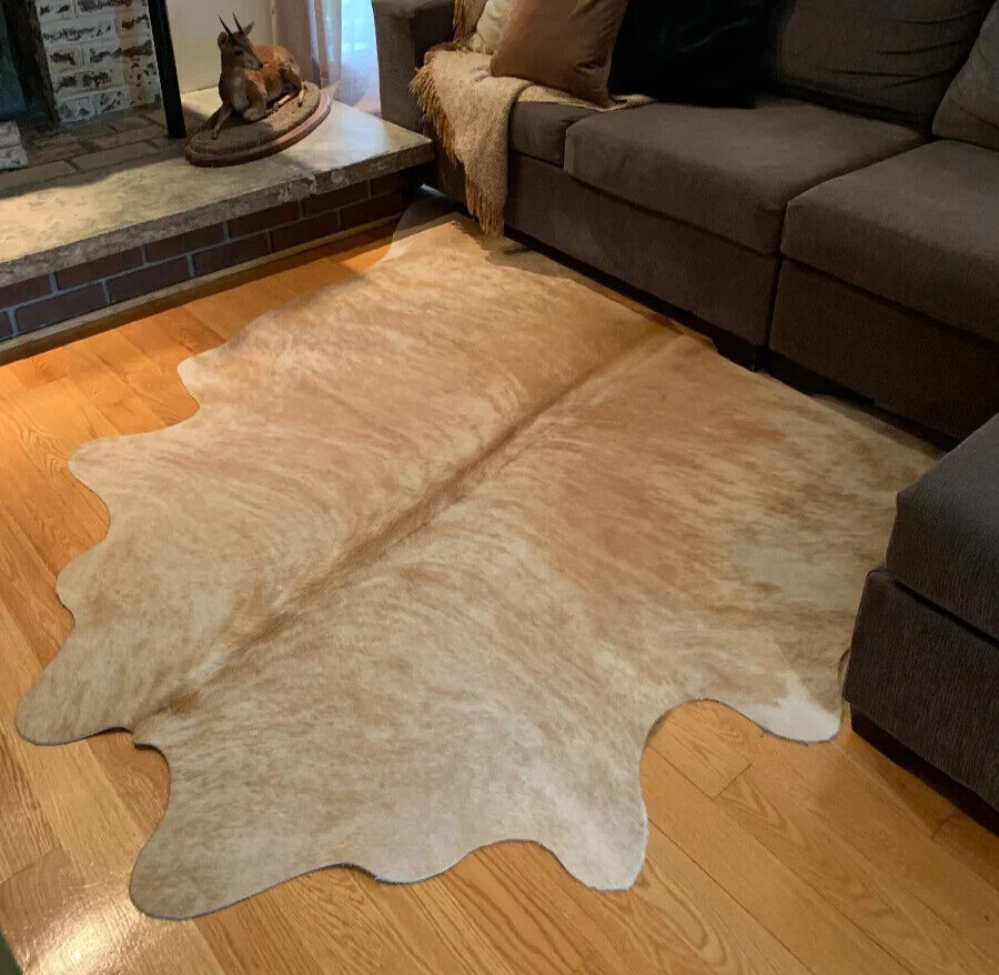 GENUINE BEIGE LARGE Cowhide Rug Leather Natural Hair on Cow Hide Carpet Skin