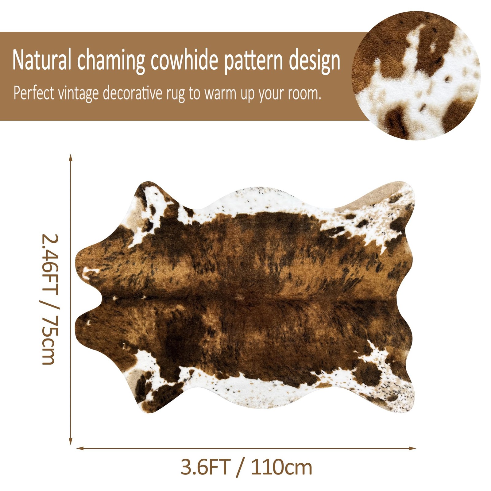 Small Faux Cowhide Rug Western Decor Cow Print Area Bedroom Brown 3.6×2.46ft