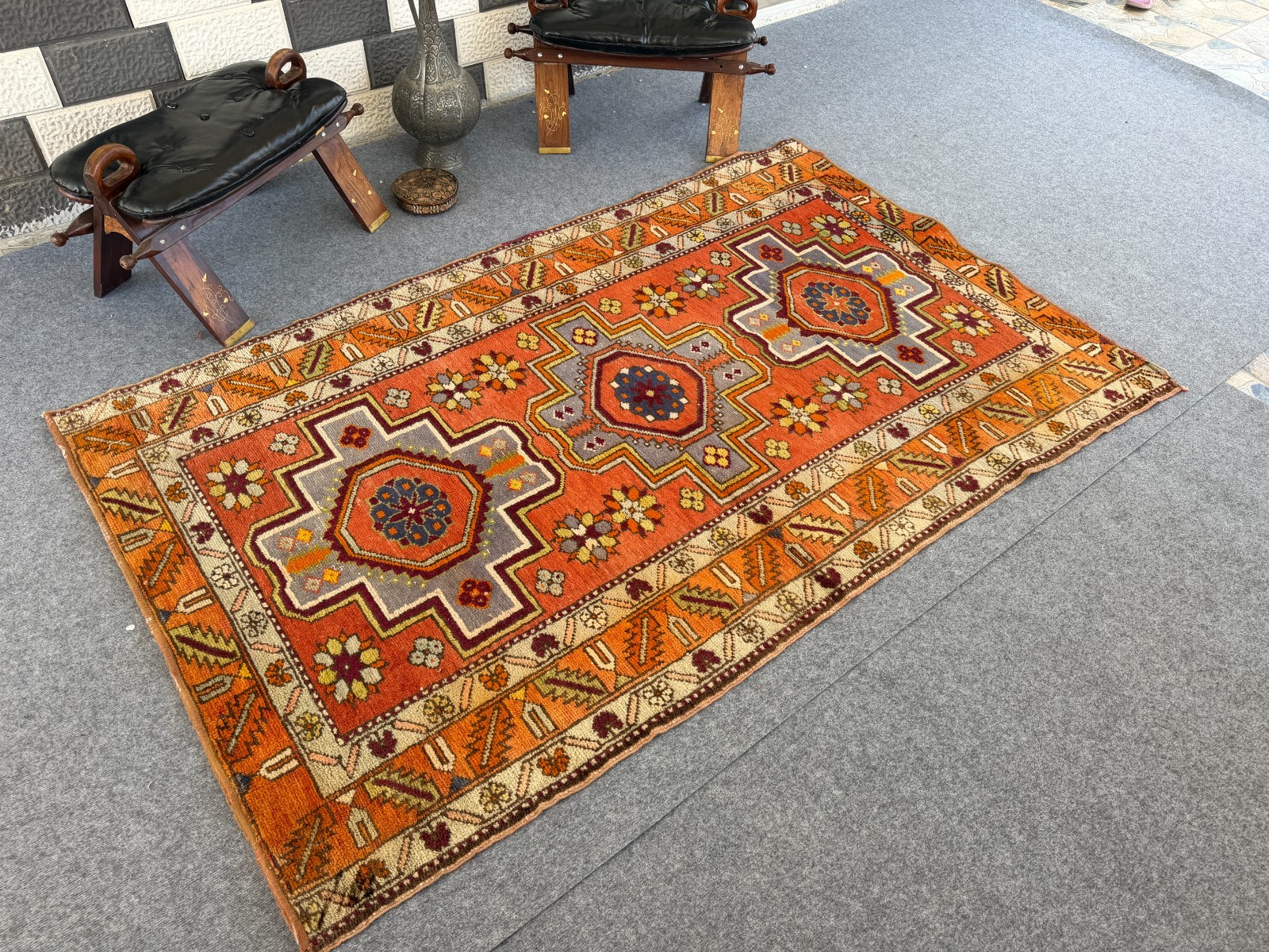 Vintage Caucasian Rug 4×7 Handmade Wool Rug Geometric Tribal Medallion Kazak Rug