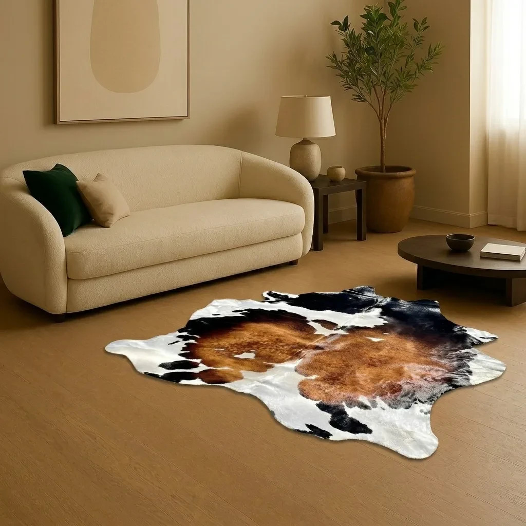 Genuine Tricolor Cowhide Rug Black Brown White Handmade Hair-On Rug