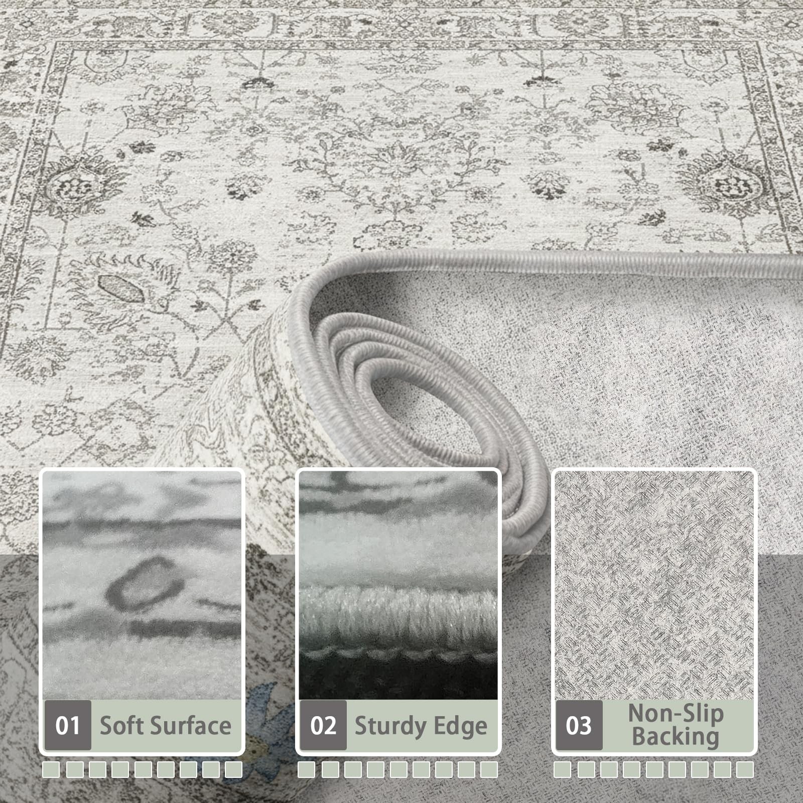Floral Machine Washable Rug Grey White 3×5 Non Slip Soft Bedroom Ultra Thin