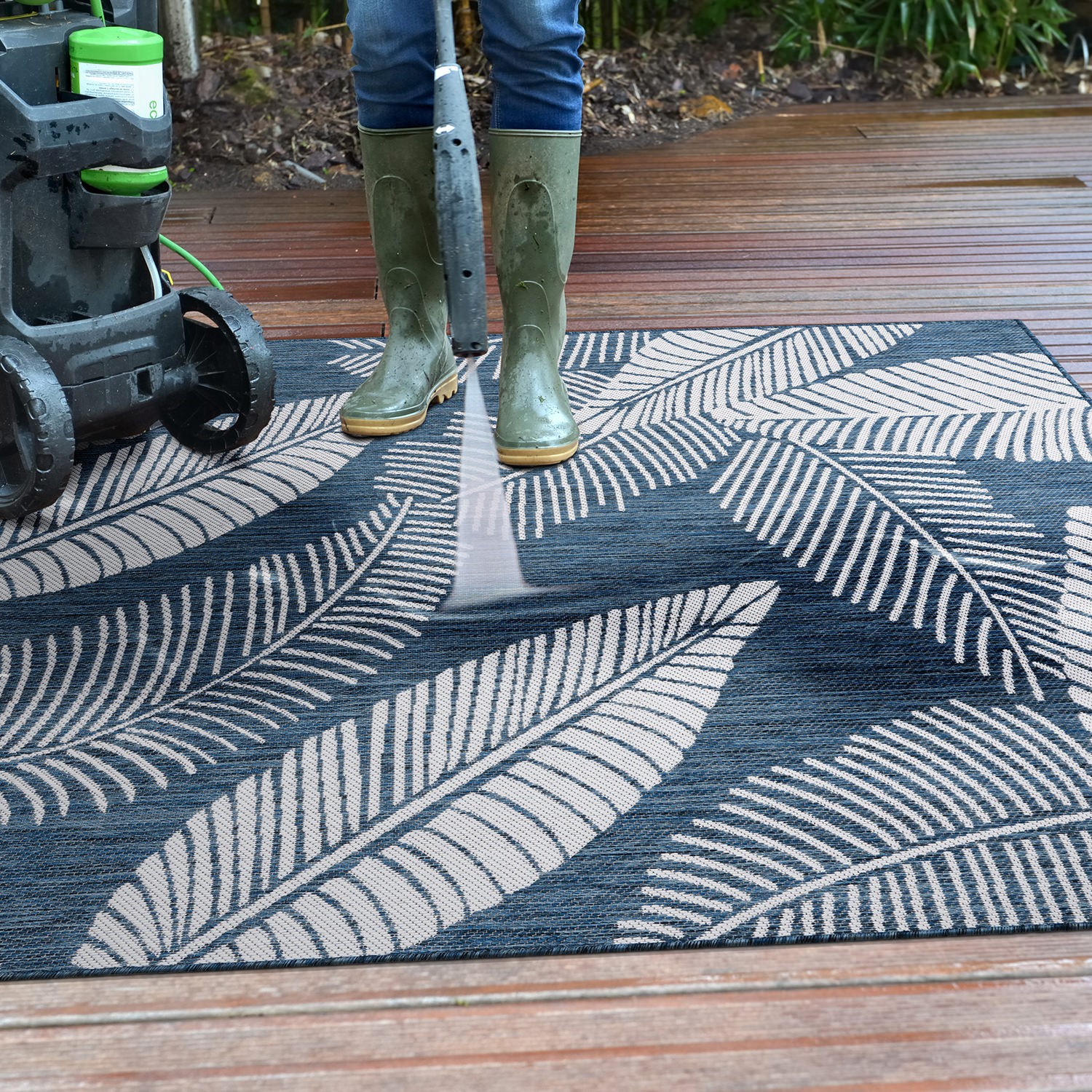 Rugshop Out Door Rugs Distressed Palm Leave Textured Indoor Outdoor Carpet Navy
