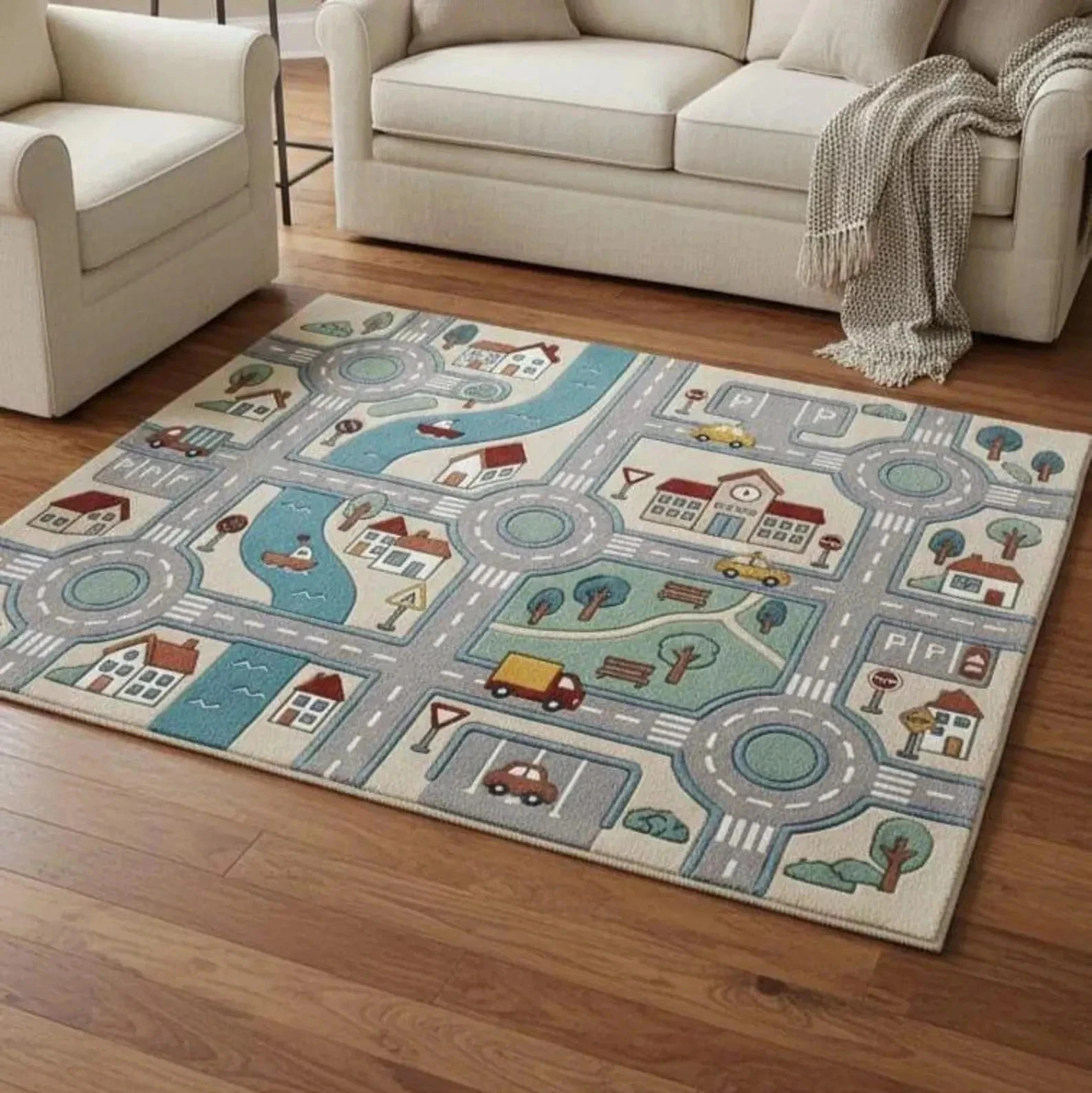 Kids City Road Play Rug | Hand Tufted Wool Playmat | Educational Car Track Rug