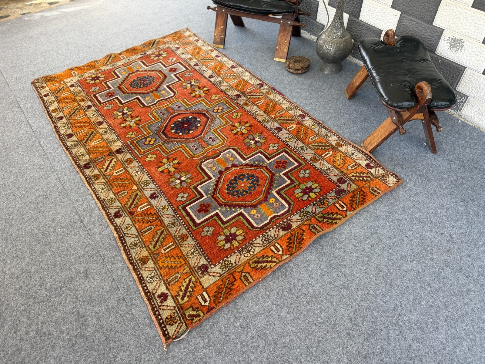 Vintage Caucasian Rug 4×7 Handmade Wool Rug Geometric Tribal Medallion Kazak Rug