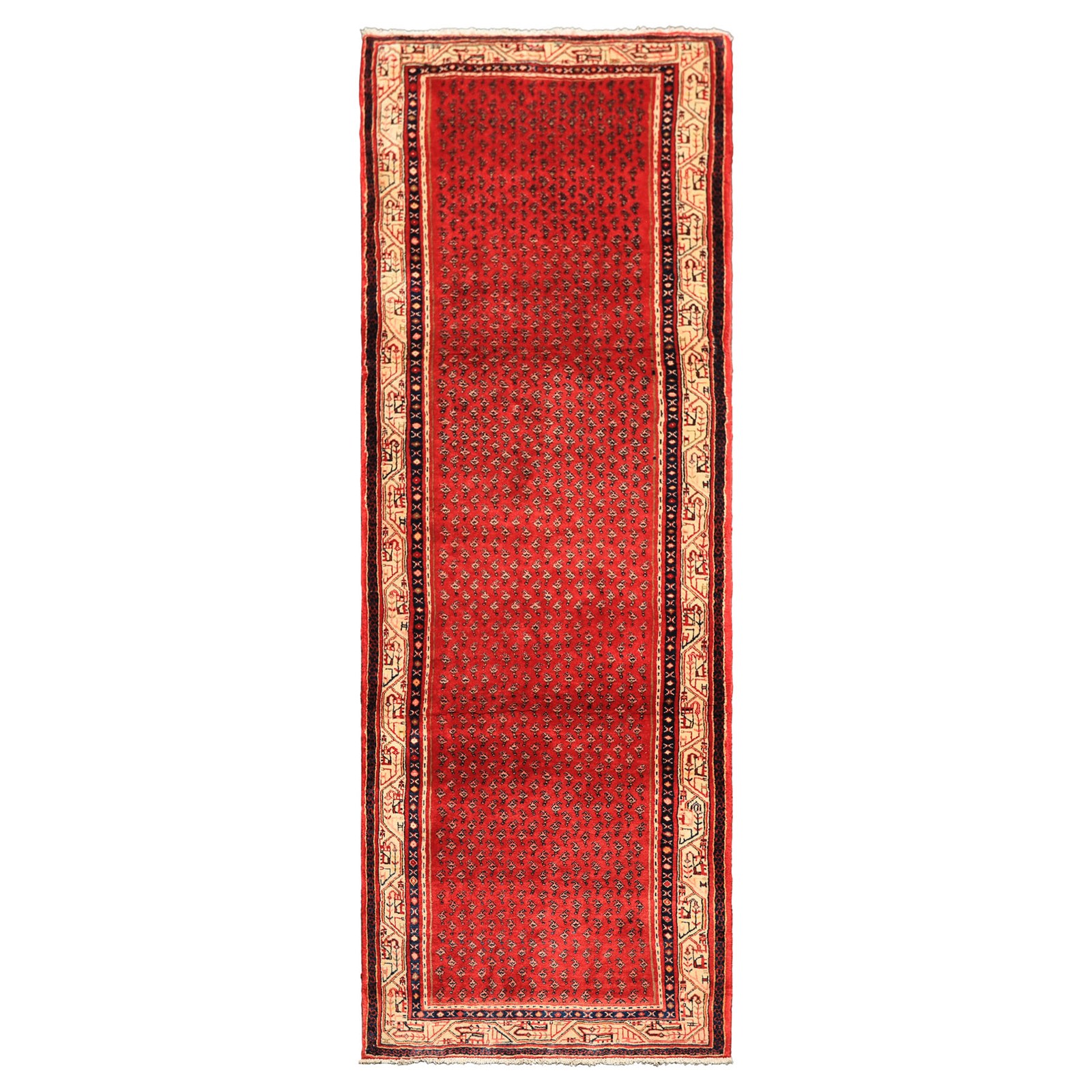 3’8”x10’4” Runner Hand Knotted Wool Red Kurdishh Bidjaar Heraati Vintage Rug
