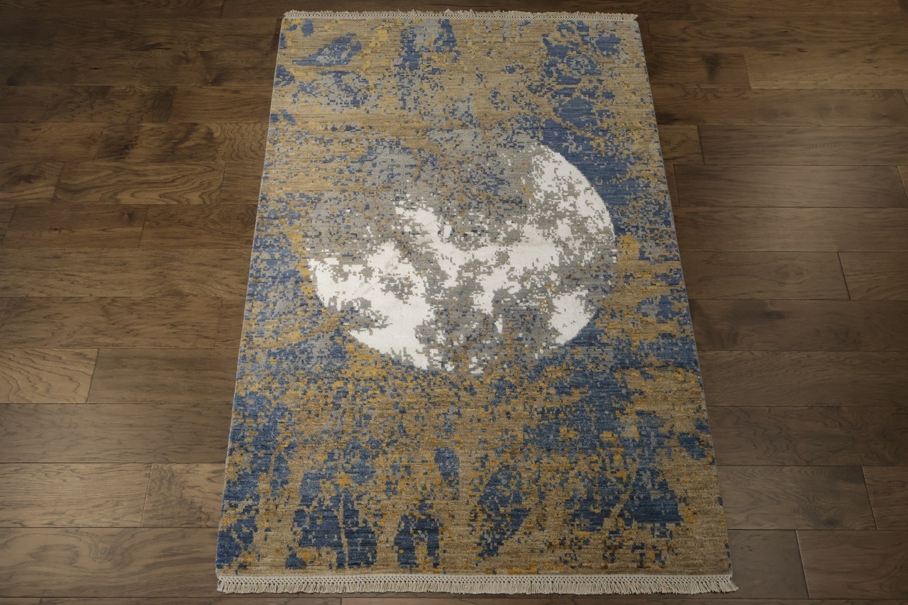 4×6 Abstract Area Rug Hand Knotted Wool Silk in Blue & Gold Brown Hues