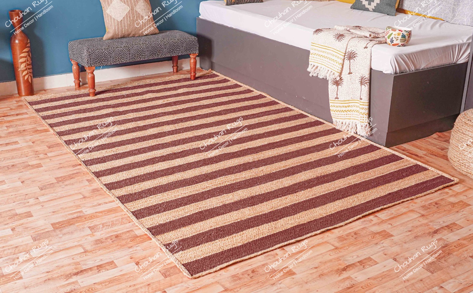 6×9 Ft custom size natural jute area rug with Brown Stripes Living Room Rug