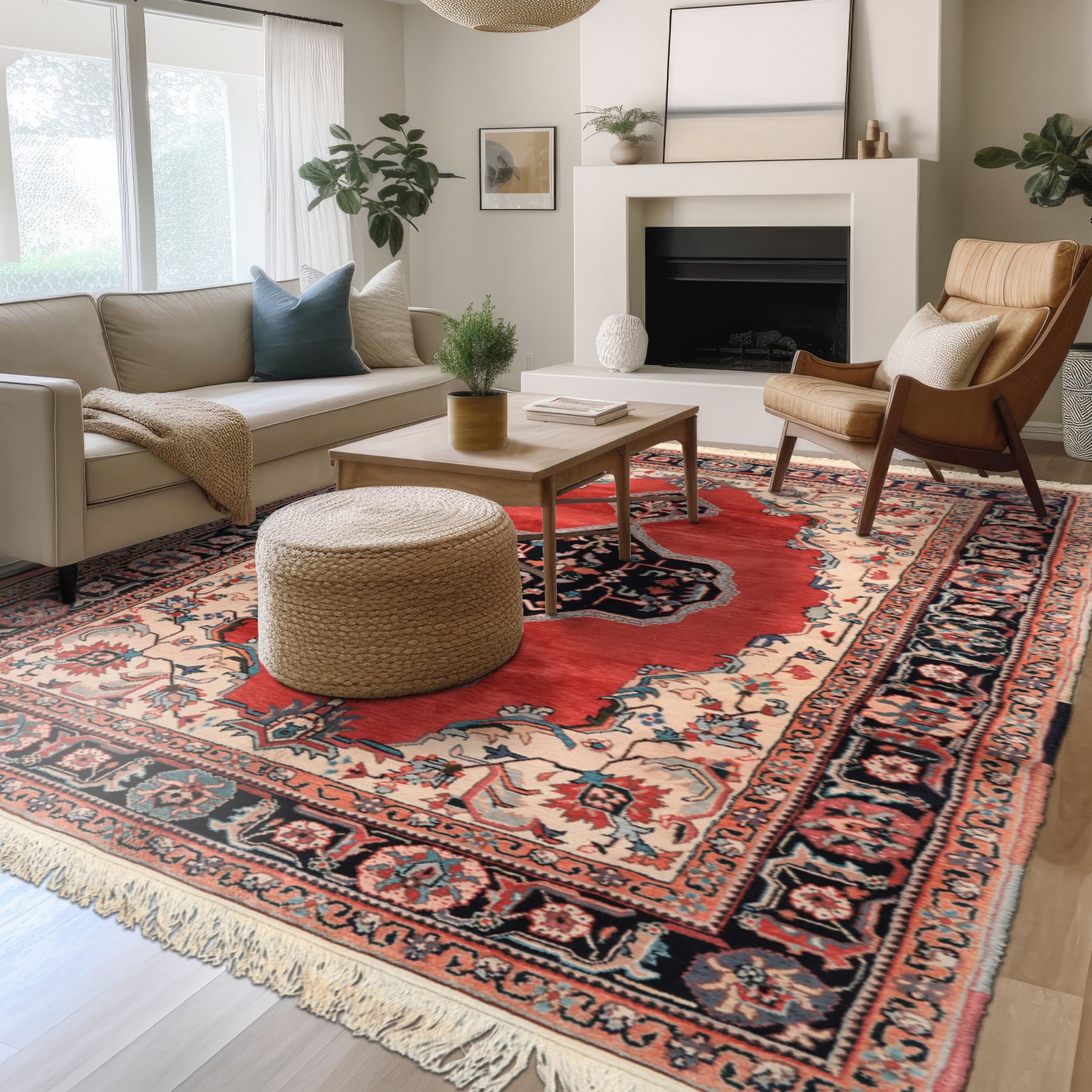 6’x8’10” Hand Knotted Wool Red Indo Tabrizz Medallion Plush Pile Vintage Rug