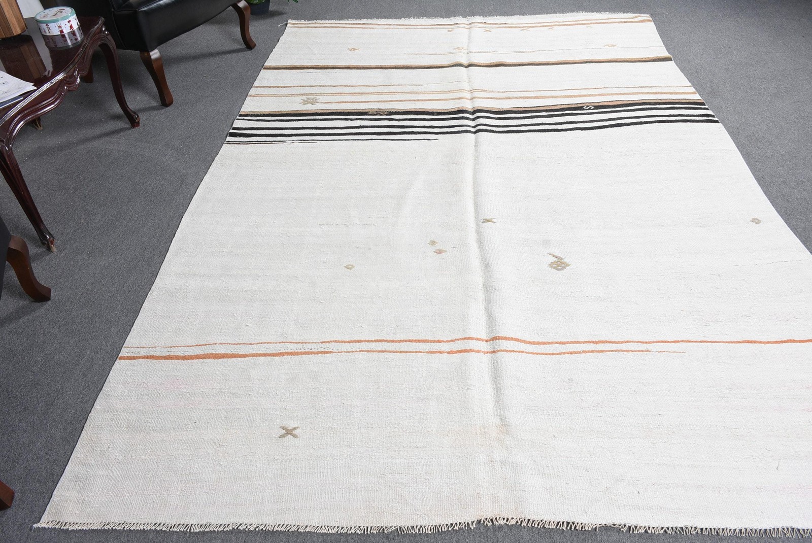 6,5×9,5 ft Turkish Vintage Rug, Large Rug, White Brown Moroccan Wool Rug