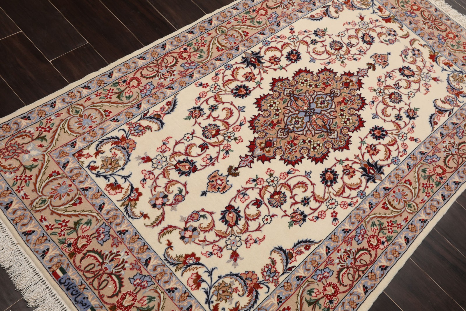 3’7”x5’4” Hand Knotted Wool & Silk Ivory Isfahaan Traditional 350 KPSI Rug