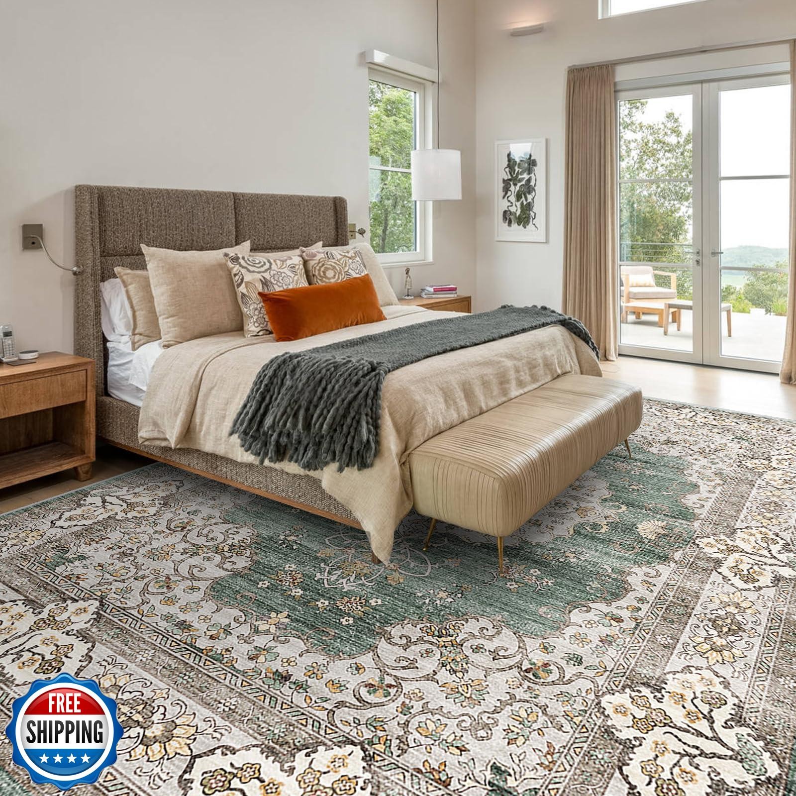 Ksrau Washable 10×14 Area Rug – Large Rug for Living Room Stain Resistant Low