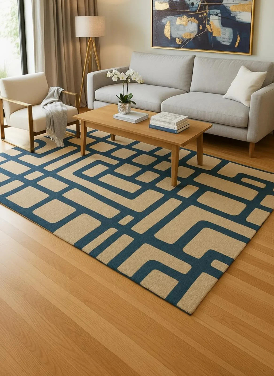 Hand Tufted Wool Rug | Modern Navy Blue, Beige Geometric Area Rug Grid Carpet