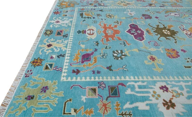 Hand Knotted Oushak Wool Rug | Aqua Blue Multicolor Area Carpet | Traditional