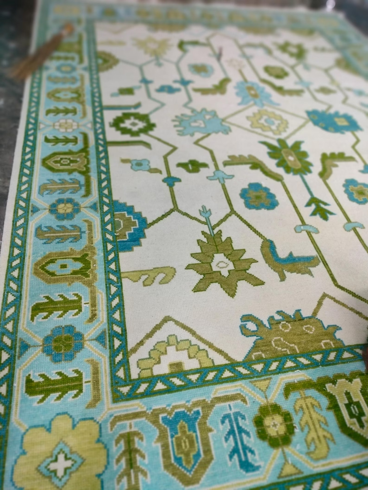 Hand Knotted Teal Green Oushak Wool Area Rug Ivory Floral Pattern Modern Orienta