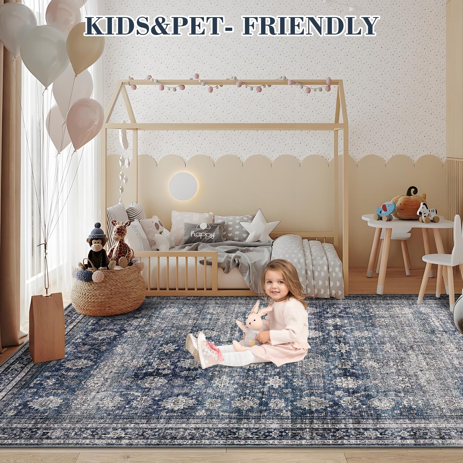 5×7 Vintage Floral Area Rug Washable Low Pile Non-Slip Rug for Living Room Blue