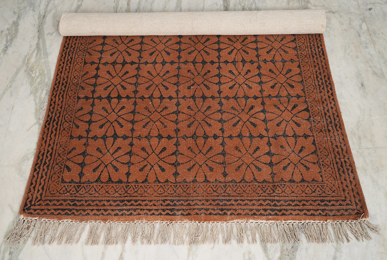 Dark Brown & Black Handmade Floral Design Rugs India Hand Block Printed Rugs