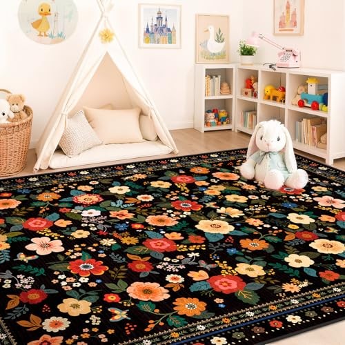 5×7 Area Rugs for Living Room Vacuum-Friendly Machine Washable Area Rug Flower