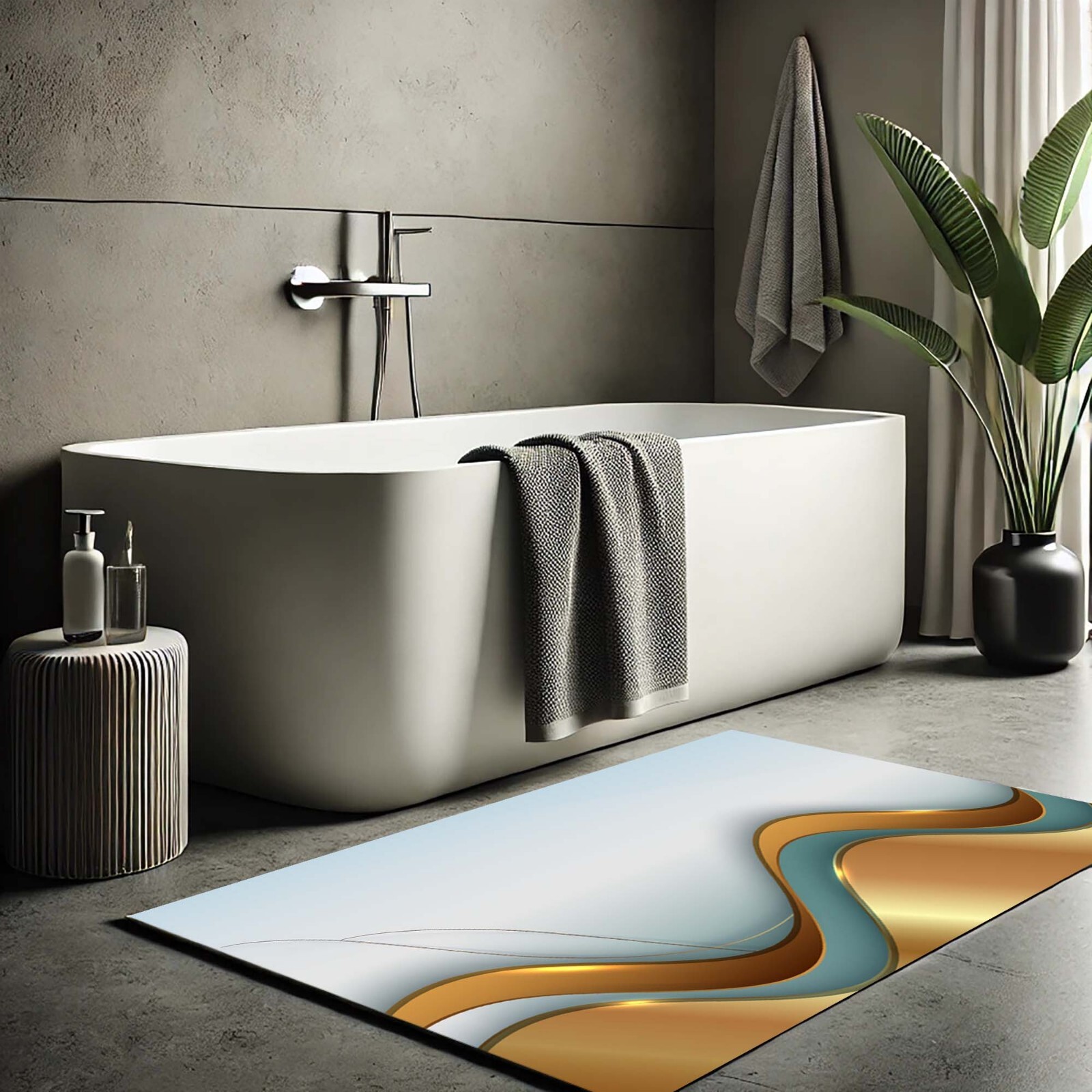 Modern Hall Runner, Gold Line Rug, Abstract Carpet, Luxury Runner
